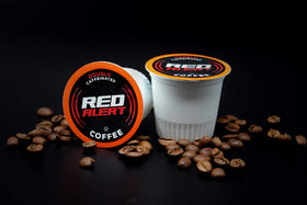 Roasted dark beans behind Red Alert for a rich, bold flavor