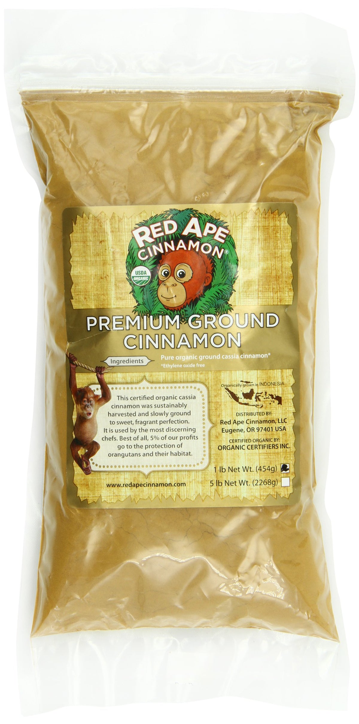 Red Ape Cinnamon premium organic ground cinnamon jar; enhances baking and warm beverages aroma.