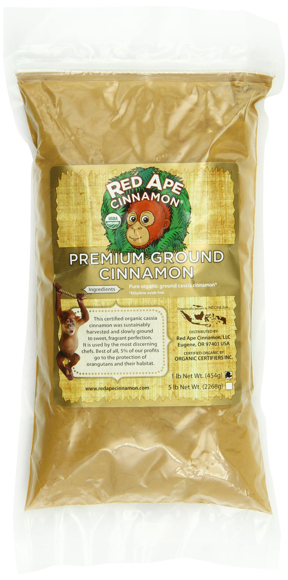 Red Ape Cinnamon premium organic ground cinnamon jar; enhances baking and warm beverages aroma.