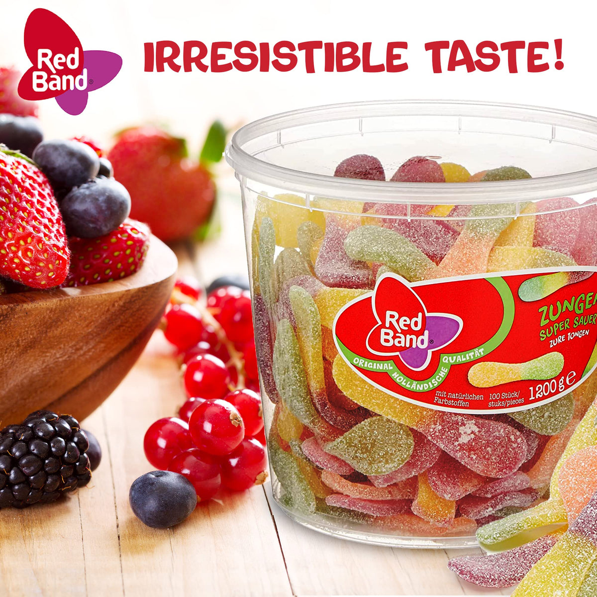 Red Band Zungen Super Sauer gummies close-up reveals bright colors and tangy flavor
