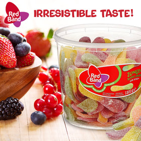 Red Band Zungen Super Sauer gummies close-up reveals bright colors and tangy flavor