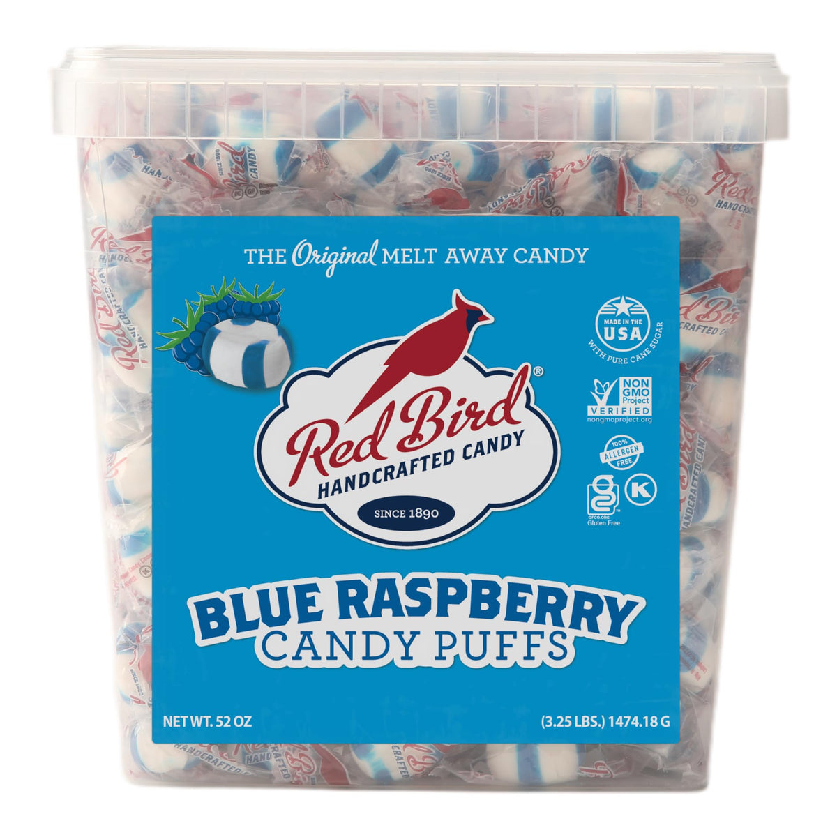 Red Bird blue raspberry candy tub with 52 oz of individually wrapped mints