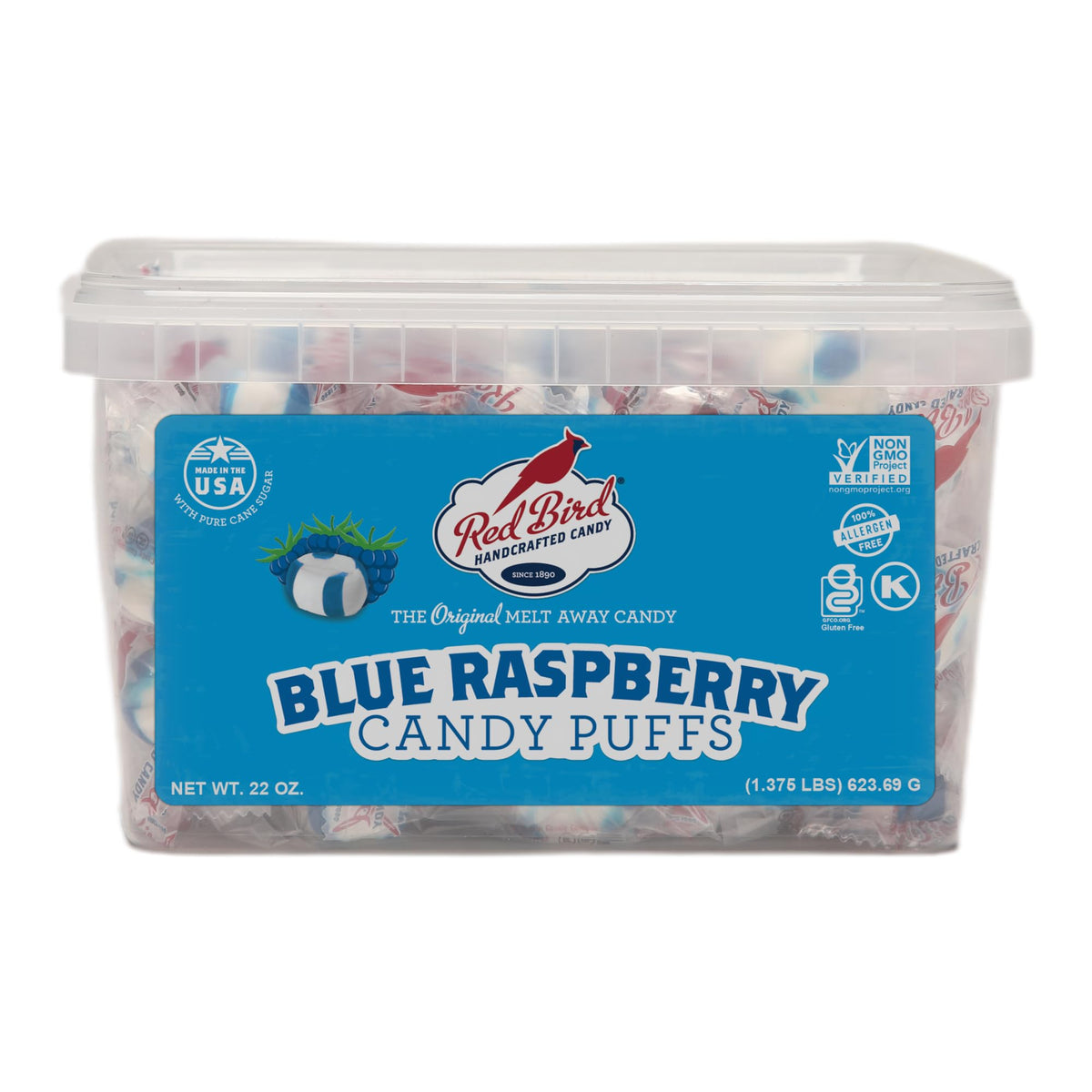 Red Bird blue raspberry candy tub front view, colorful and gift-ready