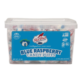 Red Bird blue raspberry candy tub front view, colorful and gift-ready
