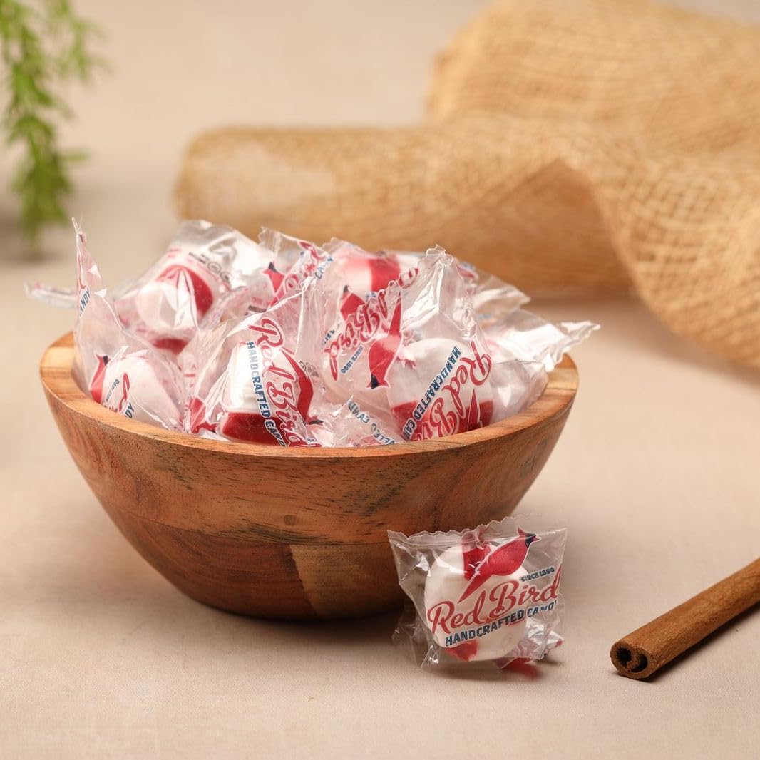 Red Bird Cinnamon Candy handcrafted stripes reflect vintage candy craftsmanship.
