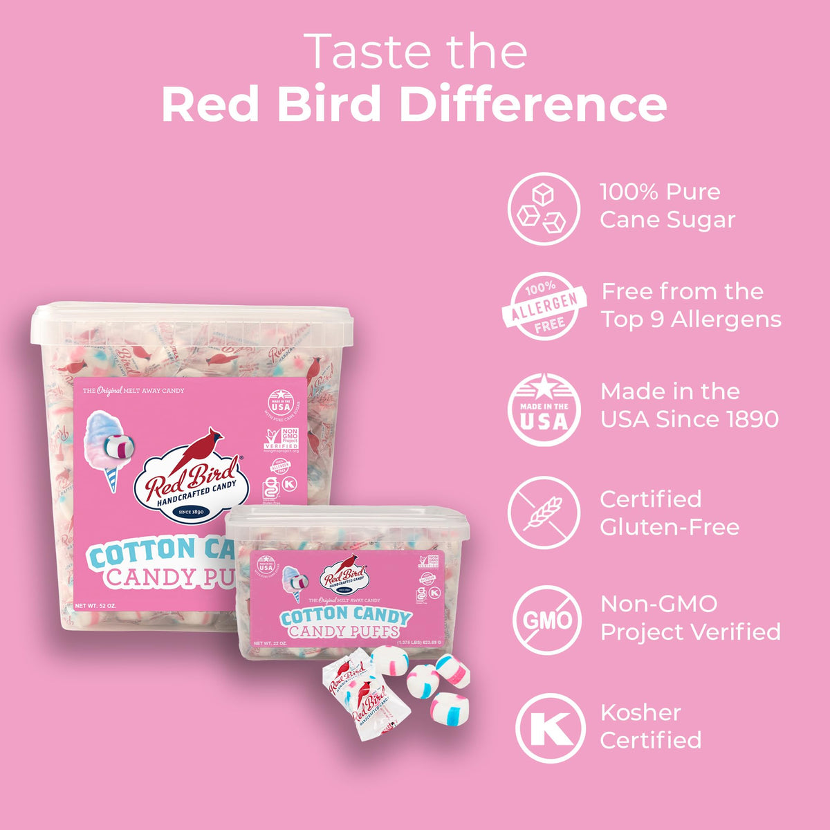 Red Bird puffs with pink, blue, and white stripes shown up close.