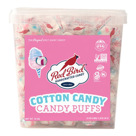 Red Bird cotton candy puffs tub with label, perfect for sharing.