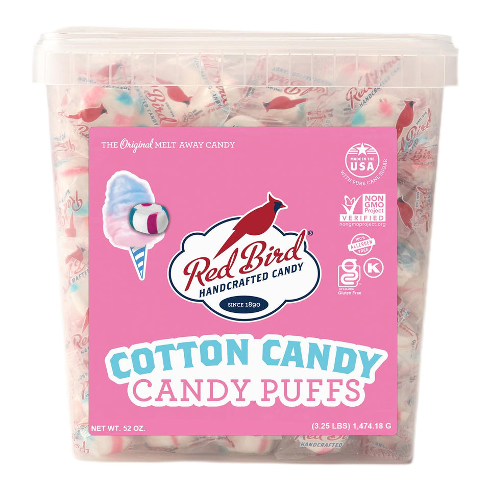Red Bird cotton candy puffs tub with label, perfect for sharing.