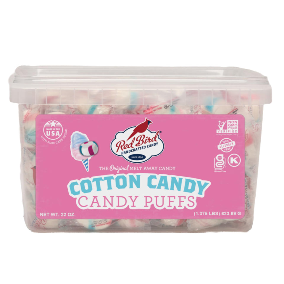 Red Bird cotton candy puffs in a 22 oz tub, perfect for sharing at work.