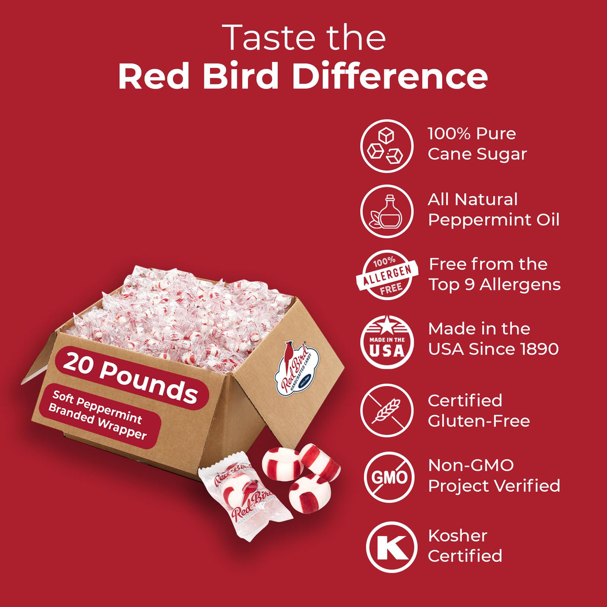 Individually wrapped Red Bird mints ideal for office candy bowls