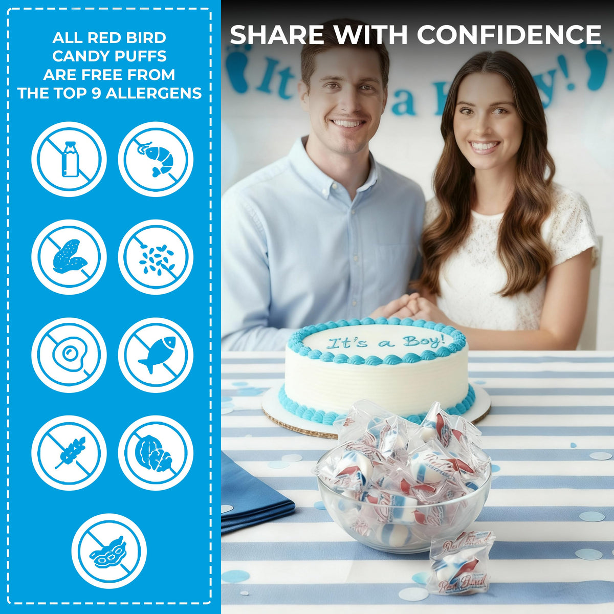 Party favor display featuring Red Bird blue raspberry candy
