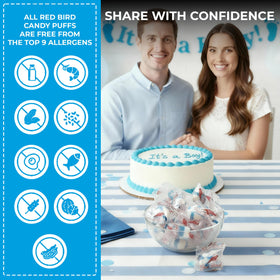 Party favor display featuring Red Bird blue raspberry candy