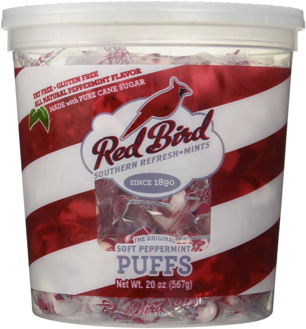 Red Bird Peppermint Puffs tub opened, soft mint candies for quick refreshment and easy snacking.