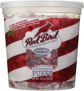 Red Bird Peppermint Puffs tub opened, soft mint candies for quick refreshment and easy snacking.