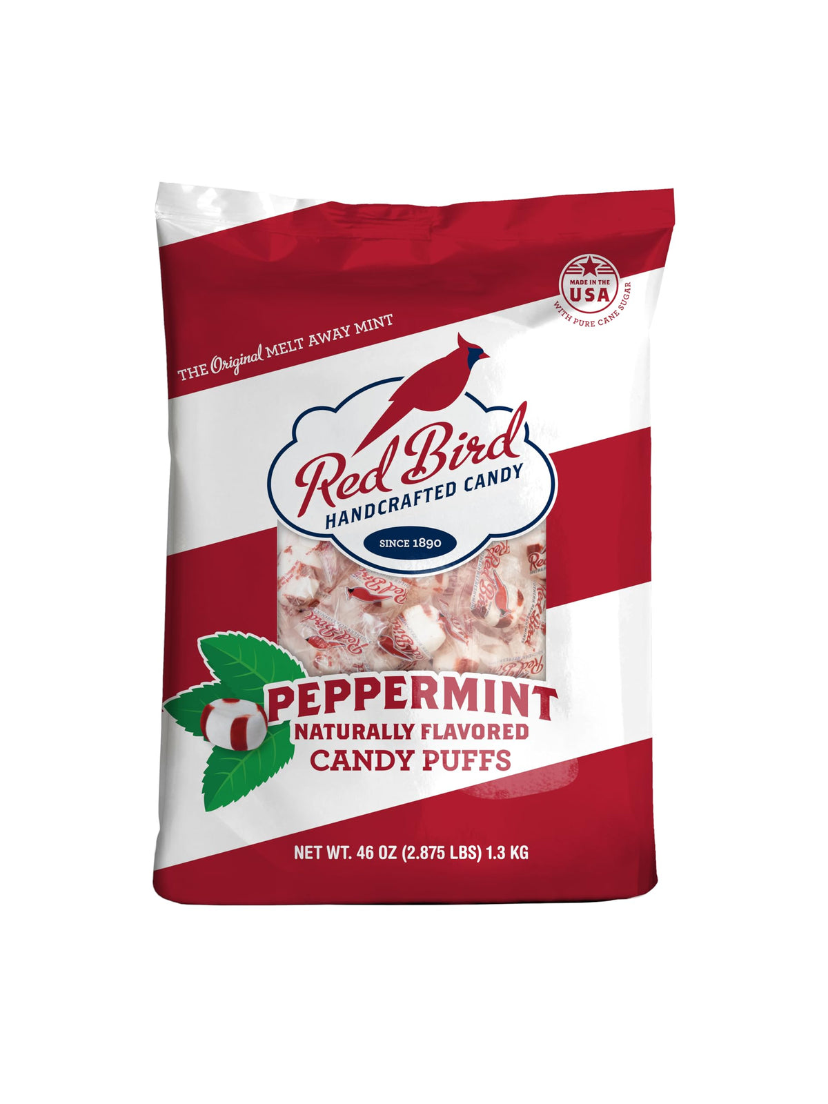Red Bird Soft Peppermint Candy puffs in bag show melt-in-your-mouth texture for after-meal freshness