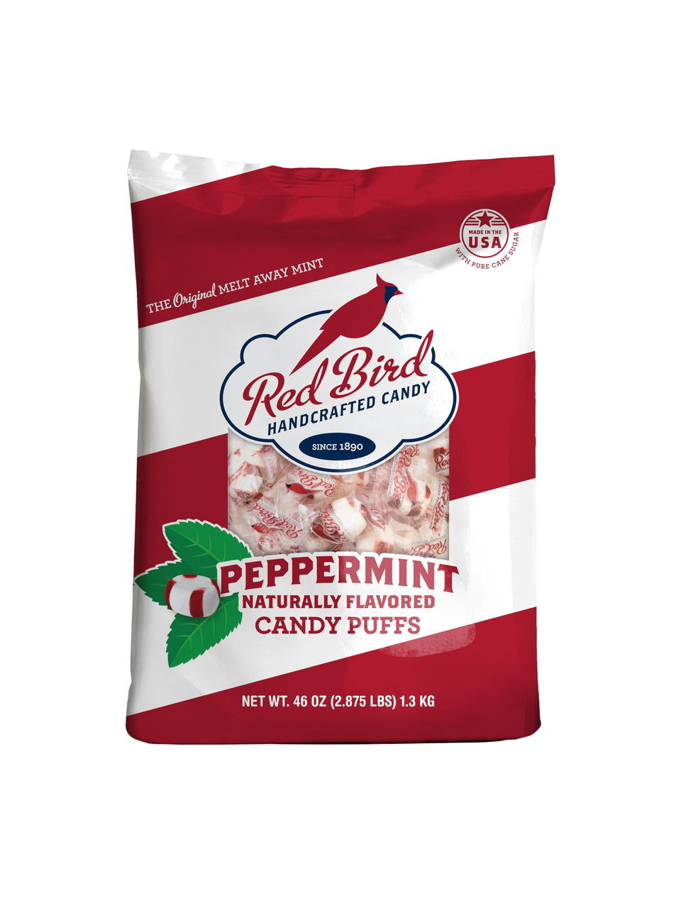 Red Bird Soft Peppermint Candy puffs in bag show melt-in-your-mouth texture for after-meal freshness