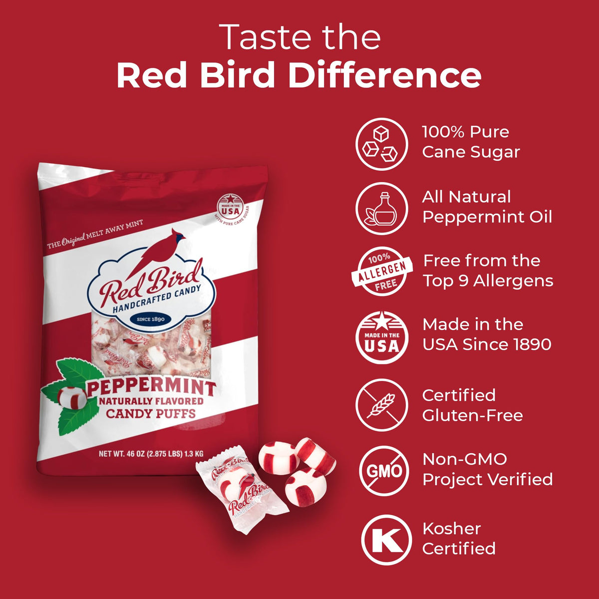 Close-up of Red Bird peppermint puffs showing smooth melt-away texture