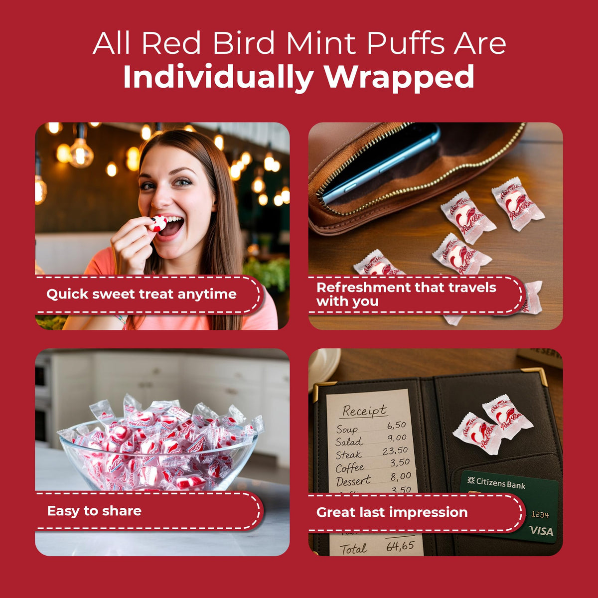 Individually wrapped Red Bird mints ready for sharing and freshness