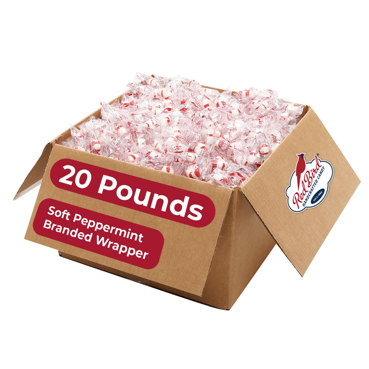 Red Bird soft peppermint candy puffs with striped design for sharing