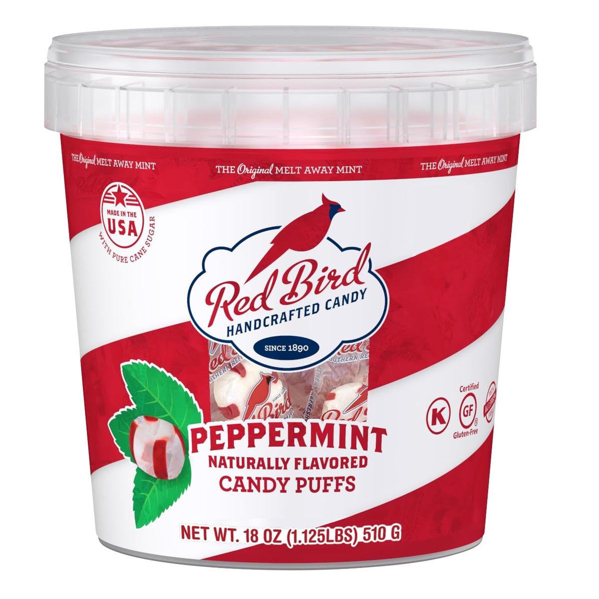 Red Bird soft peppermint candy tub front with classic red stripes and refreshing aroma