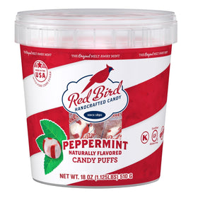 Red Bird soft peppermint candy tub front with classic red stripes and refreshing aroma