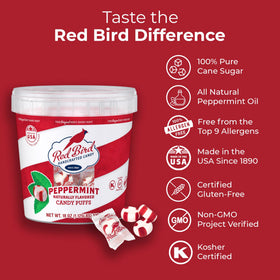 Red Bird peppermint candy tub open reveals melt-in-your-mouth puffs