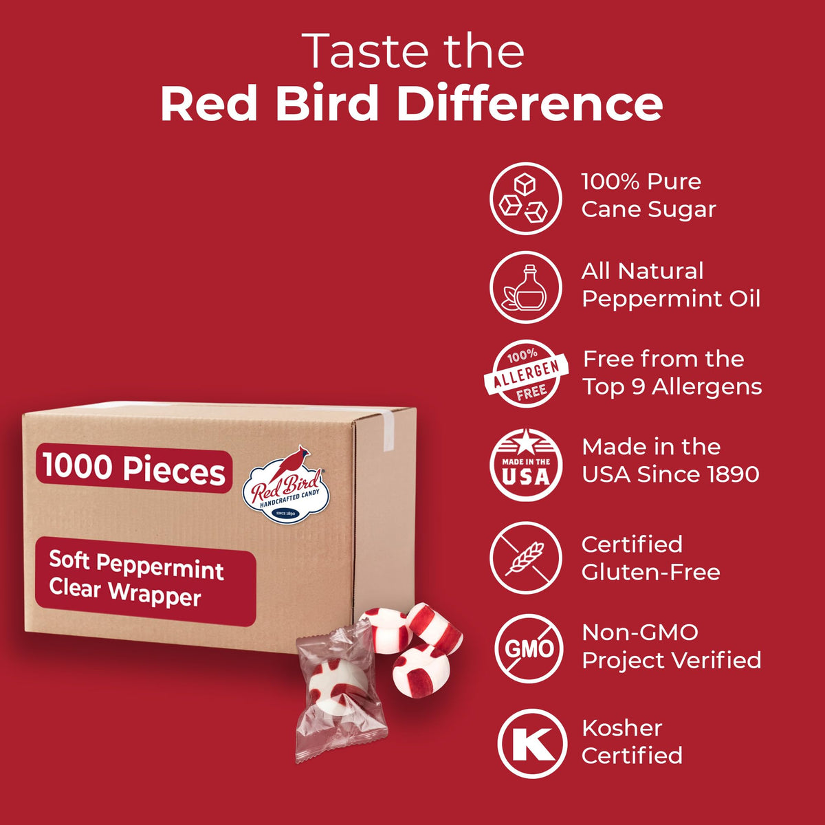 Red Bird Soft Peppermint Mints individually wrapped, close-up.