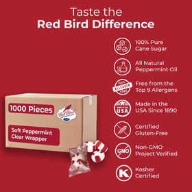 Red Bird Soft Peppermint Mints individually wrapped, close-up.