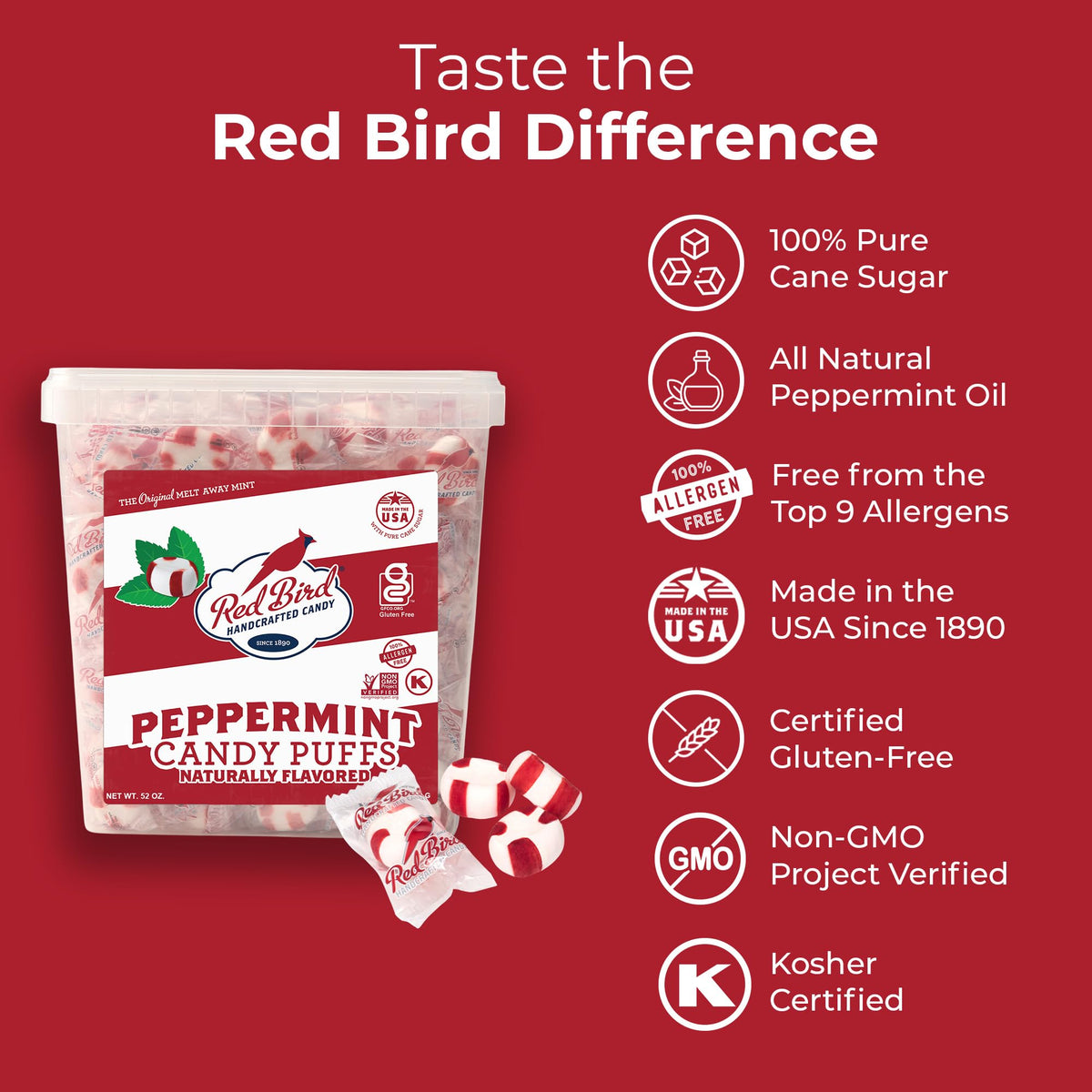 Open tub reveals individually wrapped mints for sharing and freshness.