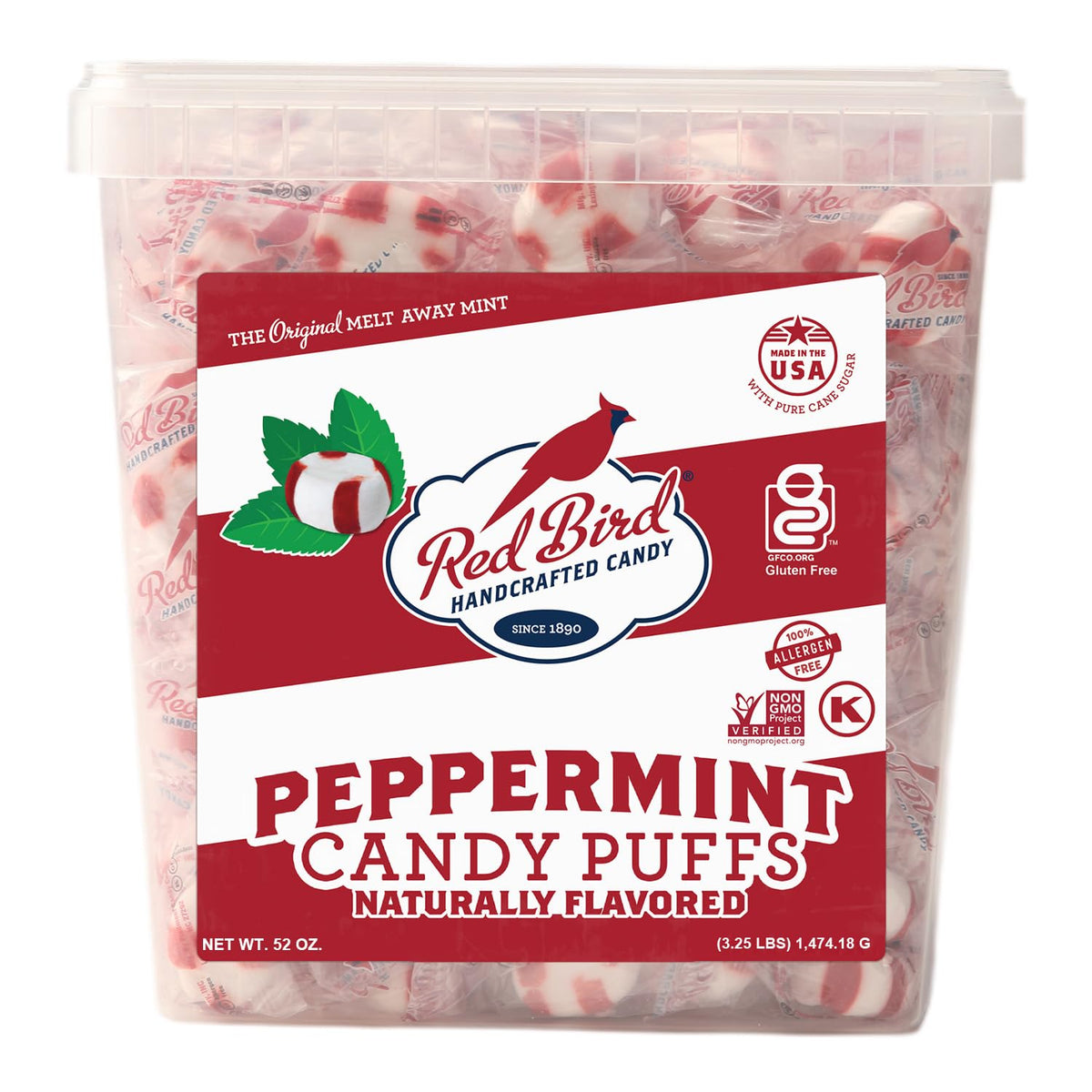 Red Bird Soft Peppermint Puffs tub front for fresh breath after meals.