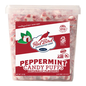 Red Bird Soft Peppermint Puffs tub front for fresh breath after meals.