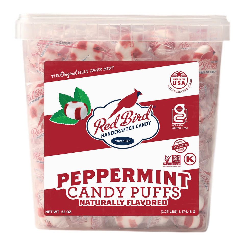 Red Bird Soft Peppermint Puffs tub front for fresh breath after meals.