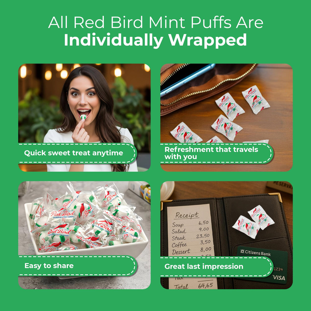 Red Bird Wintergreen Mints individually wrapped, convenient for on-the-go snacking.