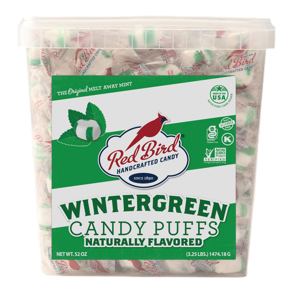Red Bird Wintergreen Mints tub front, ideal for gifting and sharing.