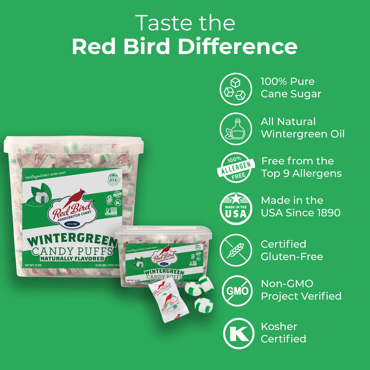 Red Bird Wintergreen Mints tub side, quick-access mint flavor for desk breaks.