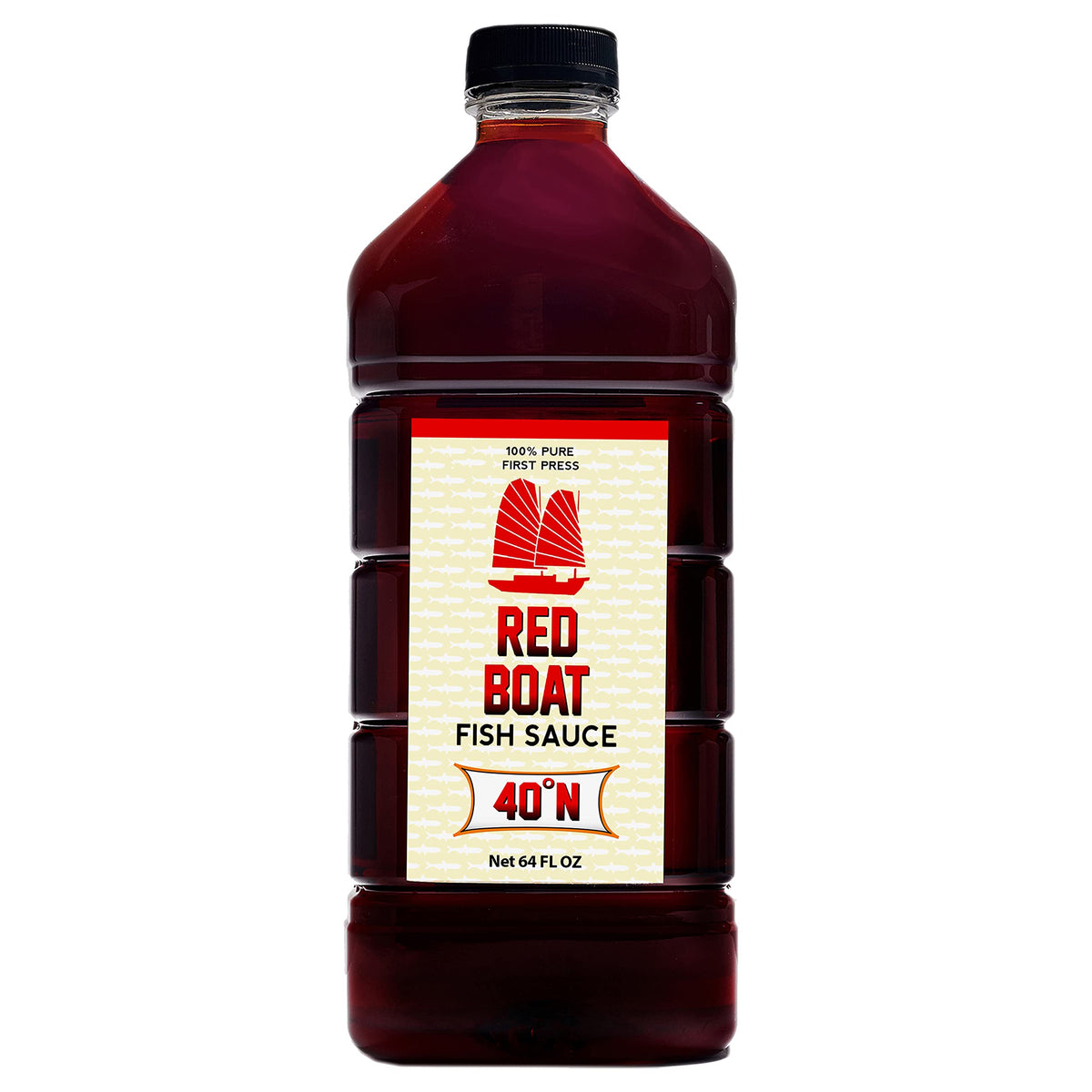 Red Boat Fish Sauce 64oz bottle ready for kitchen use, rich umami.