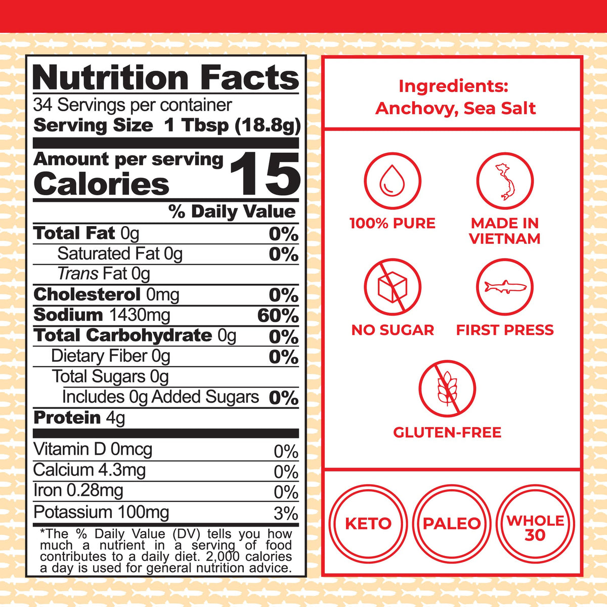 Red Boat Fish Sauce first-press 40N close-up emphasizes pure flavor and high quality.