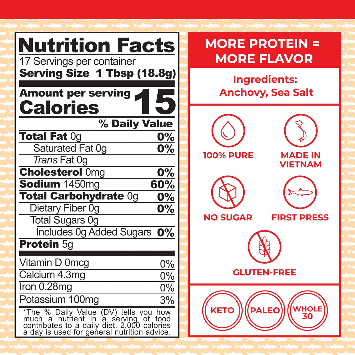 Red Boat Phamily Reserve label close-up showing premium, high-protein fish sauce.