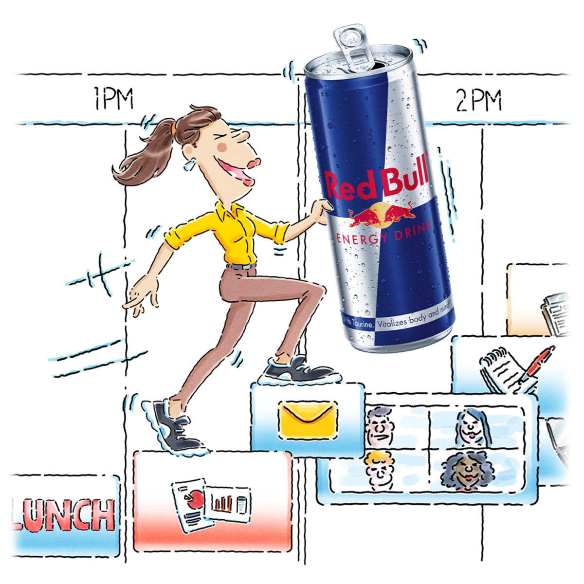 Red Bull can label highlighting 80 mg caffeine, taurine, and B vitamins for alertness.