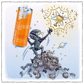 Close-up of Red Bull Amber Edition Strawberry Apricot label showing fruity flavor