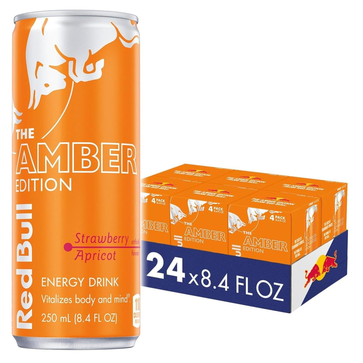Red Bull Amber Edition can with strawberry apricot flavor, delivers an energy boost for focus.