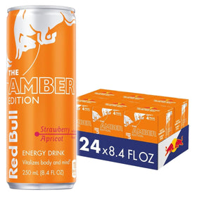 Red Bull Amber Edition can with strawberry apricot flavor, delivers an energy boost for focus.