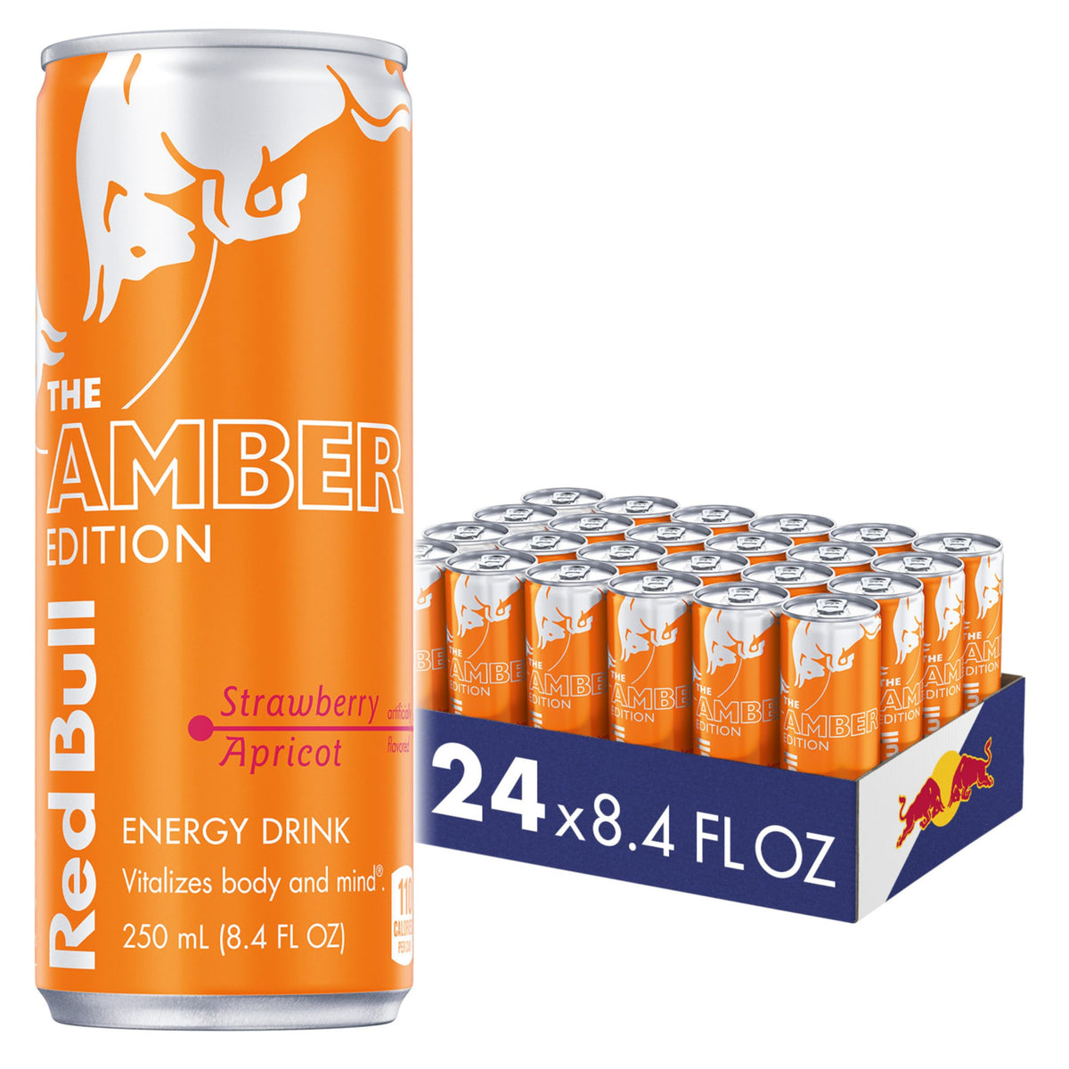Red Bull Amber Edition Strawberry Apricot can on shelf for quick energy