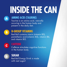 Red Bull label highlights 114mg caffeine and 38g sugar