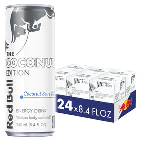 Red Bull Coconut Edition can side view highlights tropical coconut flavor for quick energy