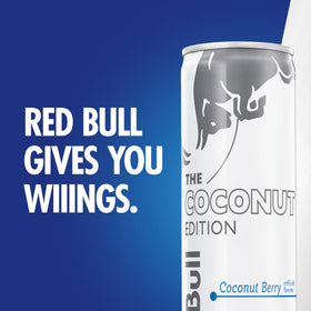 Red Bull Coconut Edition six pack box on shelf signals convenient 24-pack energy