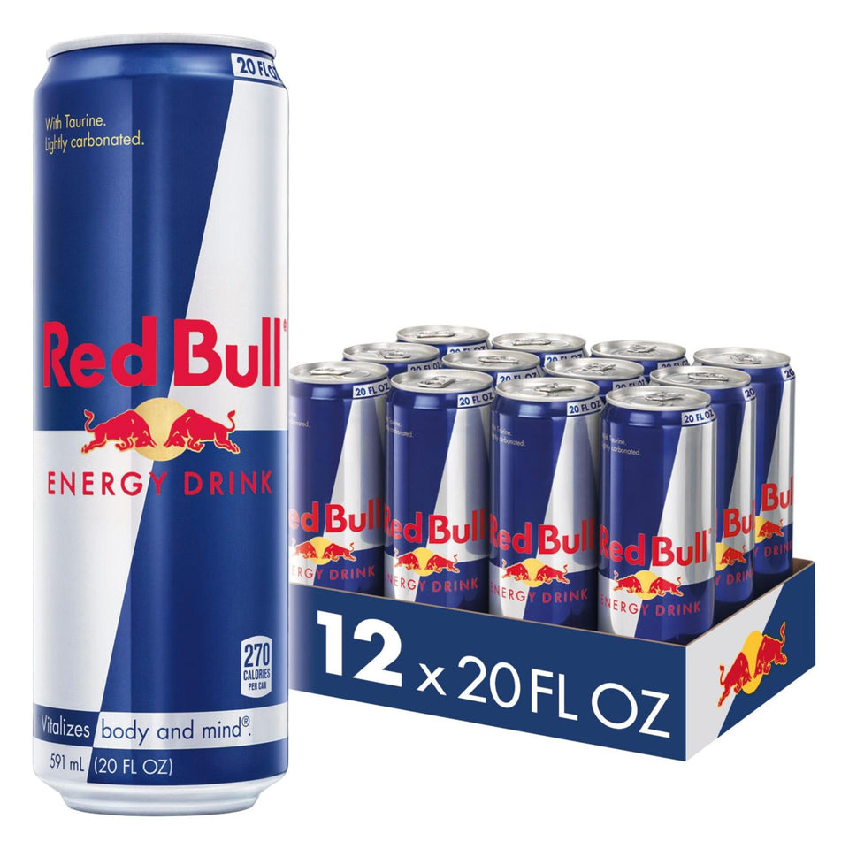 Red Bull energy drink can 20oz boosts alertness for workouts and study sessions
