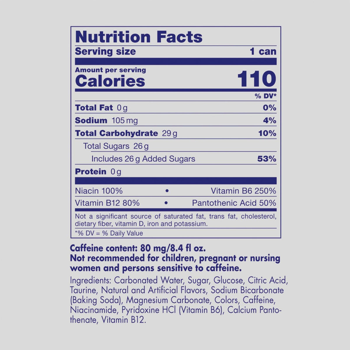 Close-up of Red Bull can label highlighting caffeine and vitamins