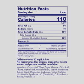 Close-up of Red Bull can label highlighting caffeine and vitamins