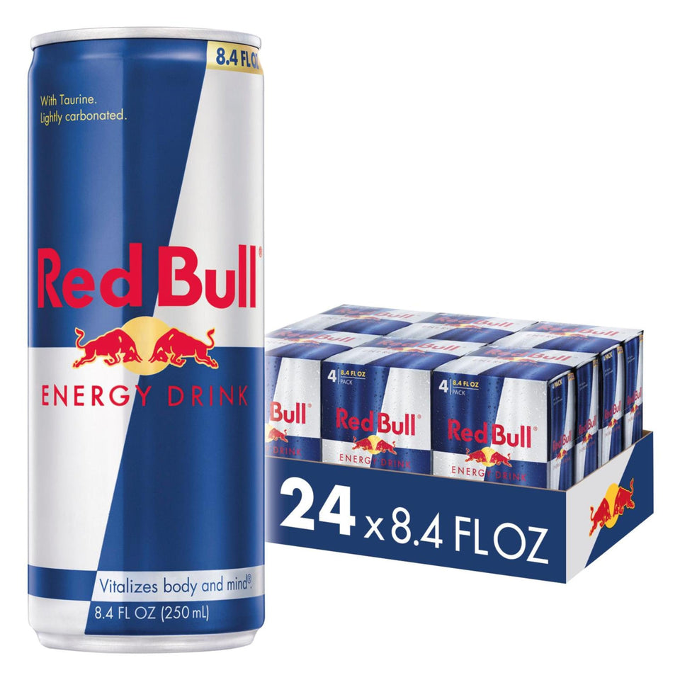 Red Bull energy drink can front view for quick on-the-go energy.